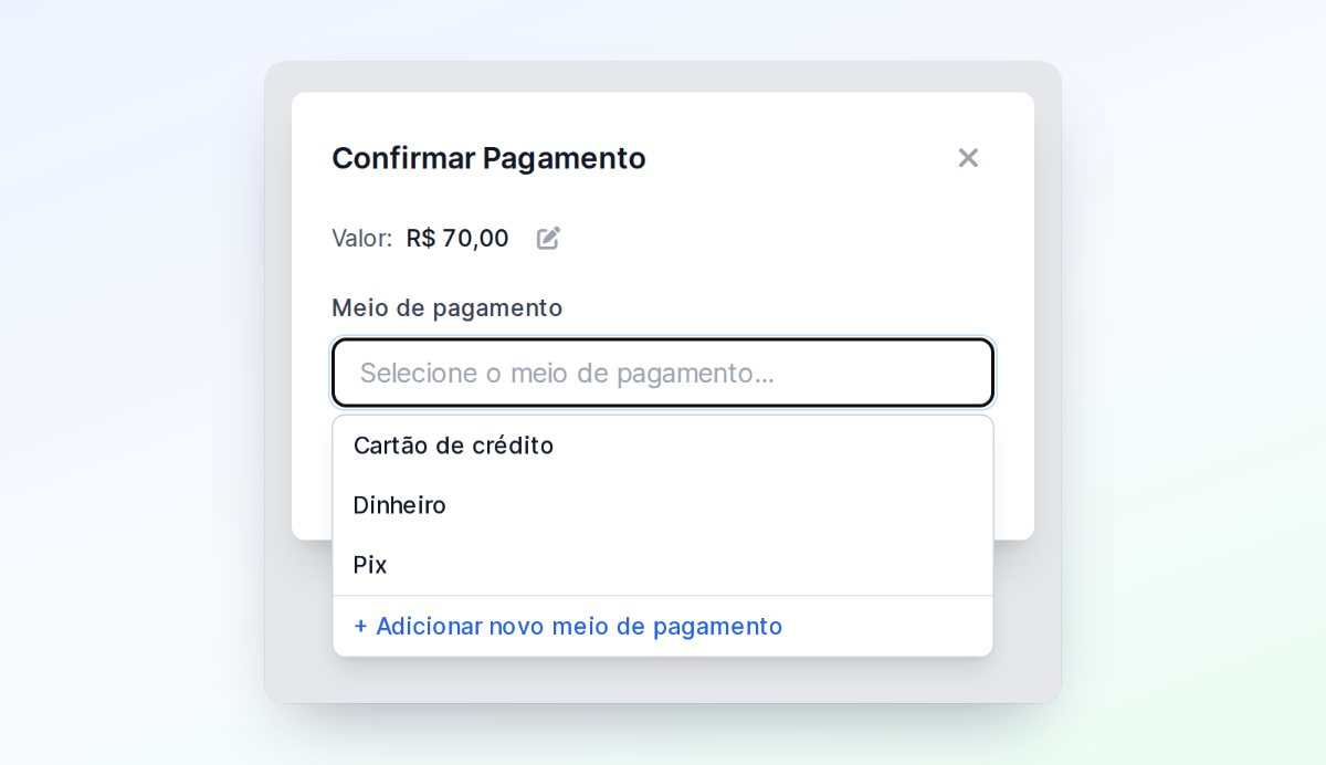 Janela Confirmar Pagamento do Callen, com o valor de R$ 70,00, o lápis para editar e a lista de meios de pagamento aberta com Cartão de crédito, Dinheiro, Pix e a opção Adicionar novo meio de pagamento