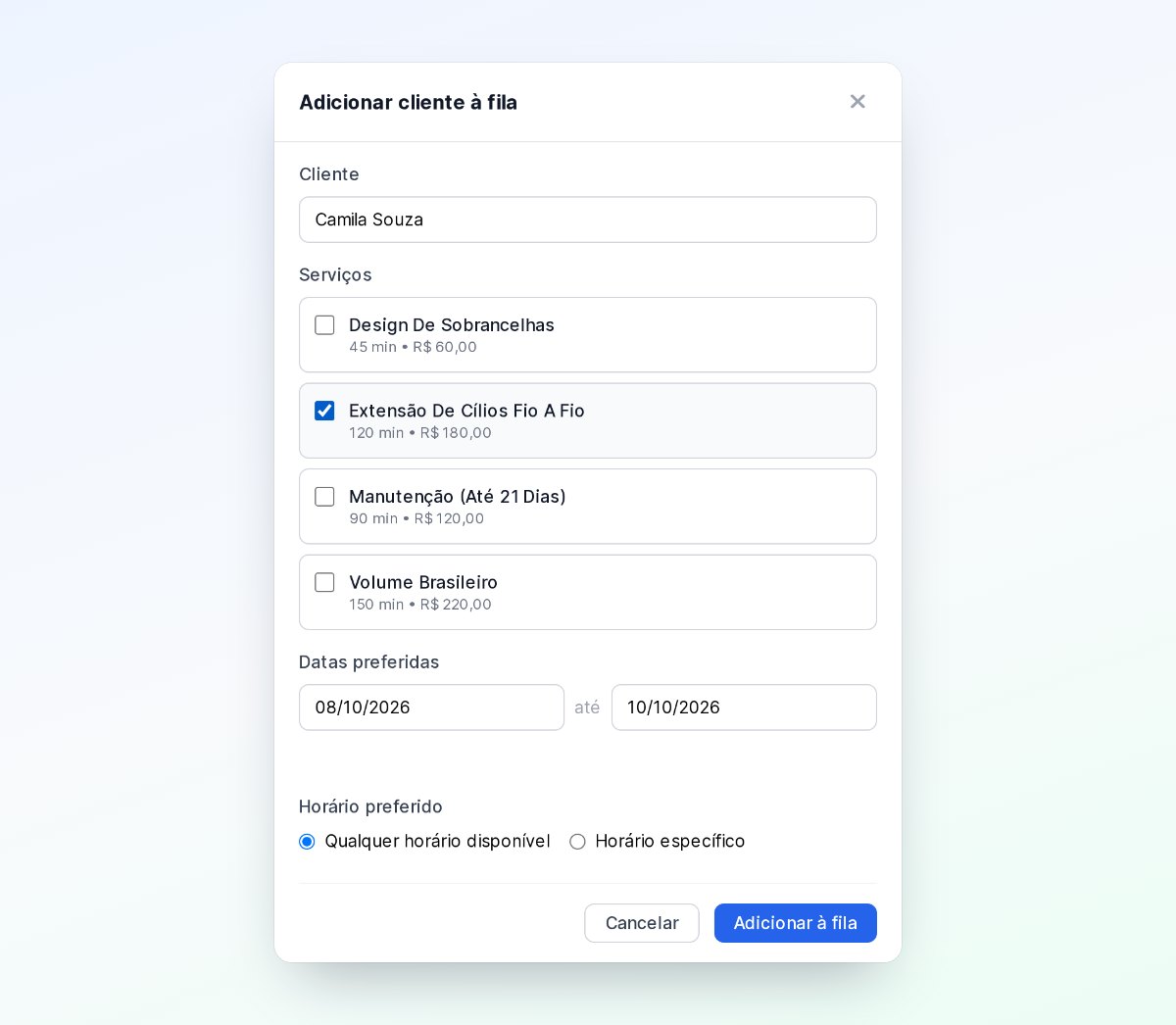 Janela Adicionar cliente à fila, com a cliente, o serviço marcado, o período de datas e a preferência de horário