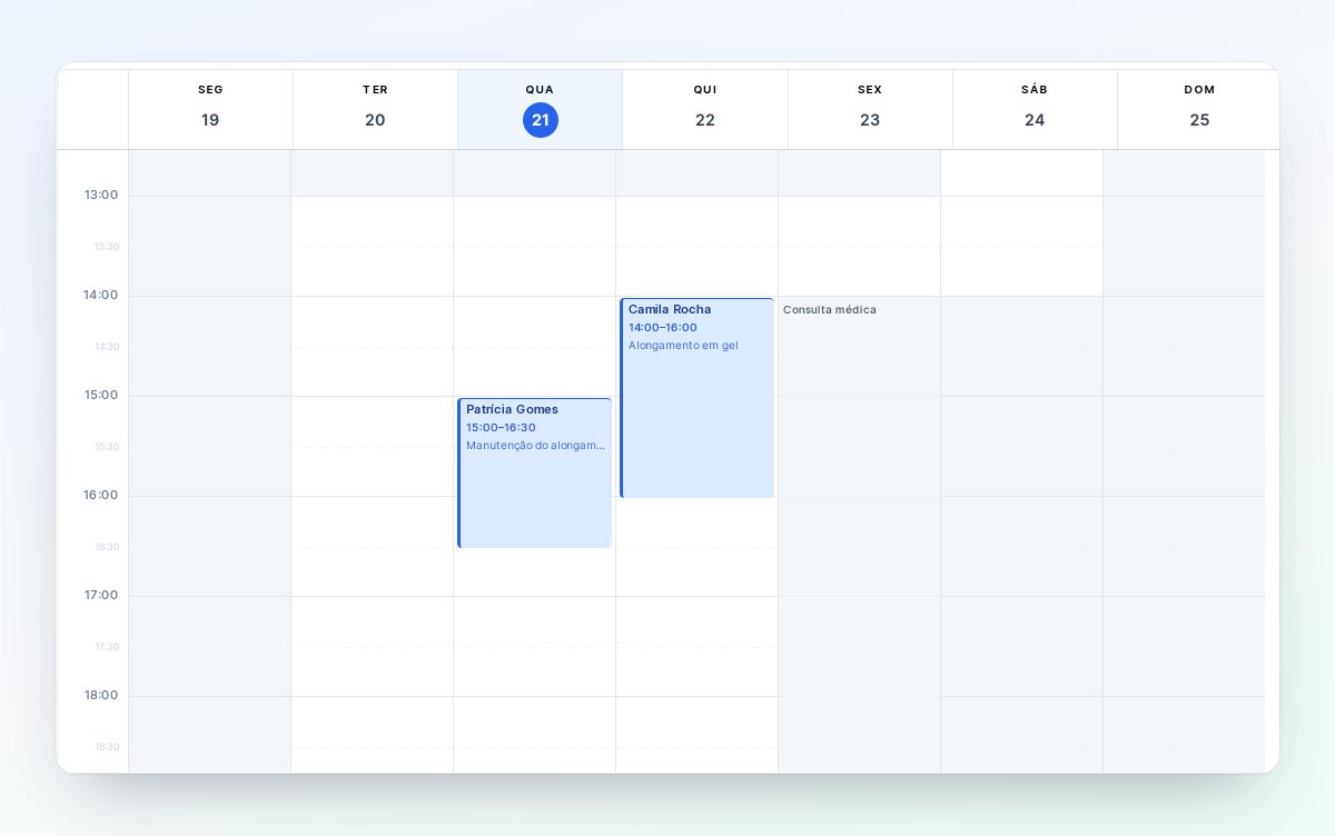 Calendário semanal do painel do Callen, com a sexta-feira bloqueada a partir das 14:00 pela folga Consulta médica e atendimentos na quarta e na quinta