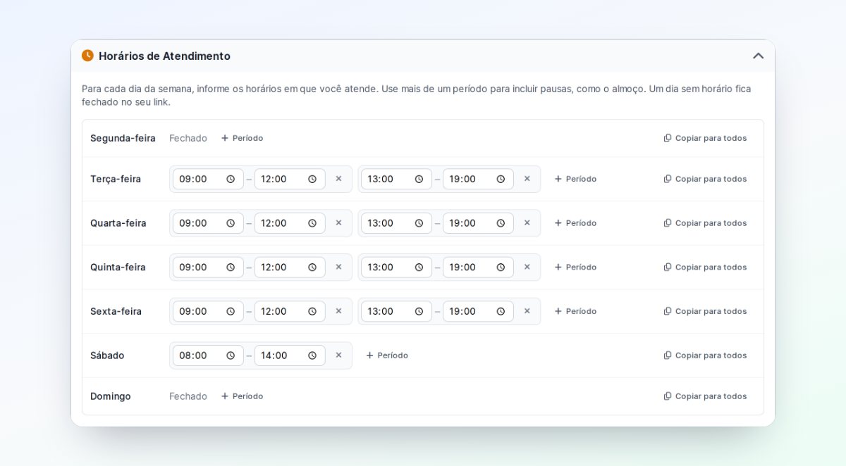 Seção Horários de Atendimento em Conta, com segunda e domingo fechados, de terça a sexta das 09:00 às 12:00 e das 13:00 às 19:00, e sábado das 08:00 às 14:00