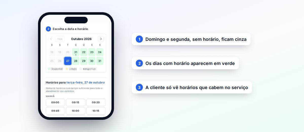 Calendário do link de agendamento no celular, com domingo e segunda em cinza, os outros dias em verde e os horários da manhã de terça-feira a partir das 09:00