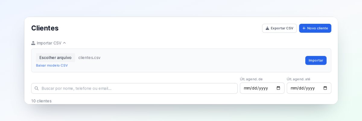 Quadro Importar CSV aberto na tela de Clientes, com o arquivo clientes.csv escolhido, o link Baixar modelo CSV e o botão Importar
