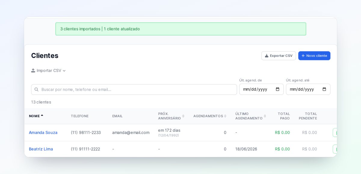 Lista de clientes com o aviso 3 clientes importados e 1 cliente atualizado no topo