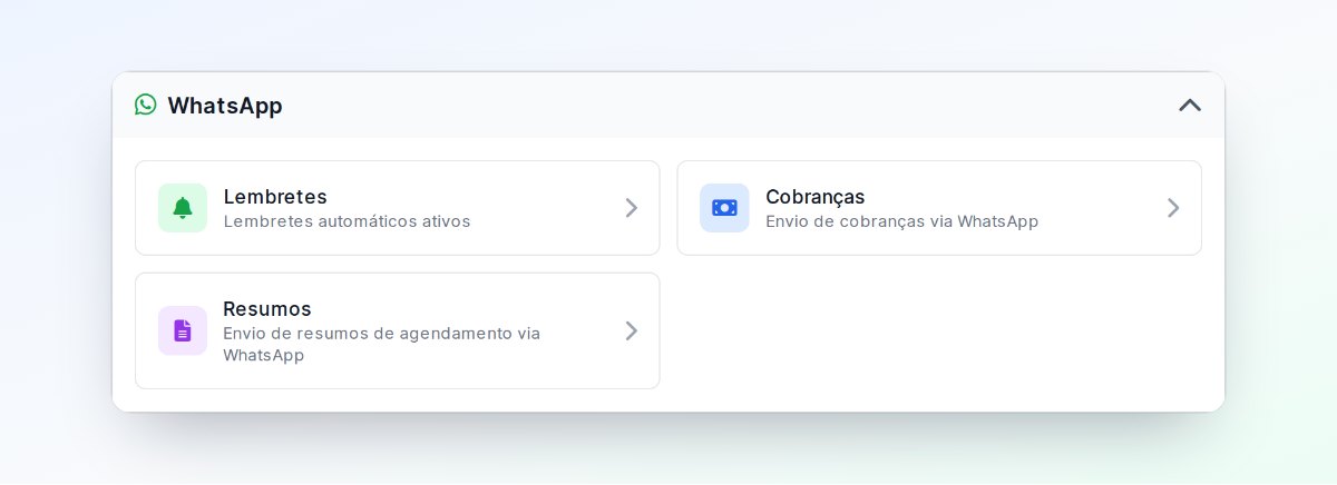 Seção WhatsApp das configurações do Callen, com os atalhos Lembretes, Cobranças e Resumos