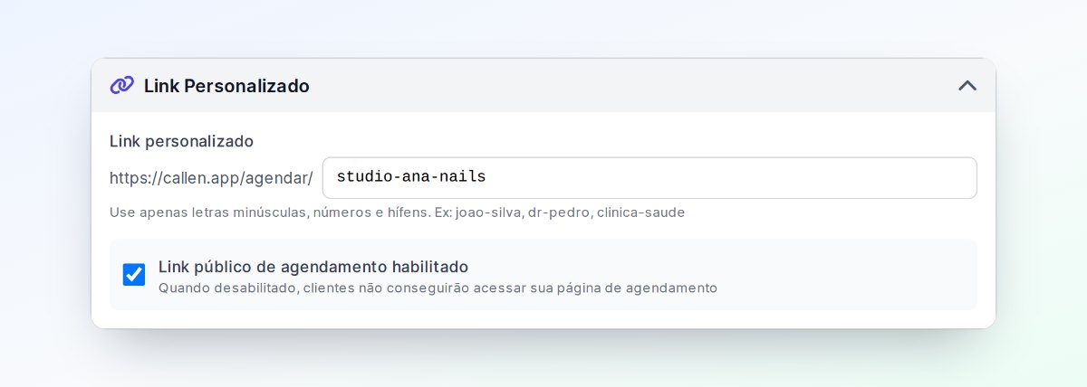 Seção Link de agendamento das configurações do Callen, com o campo do link e a opção Link de agendamento habilitado