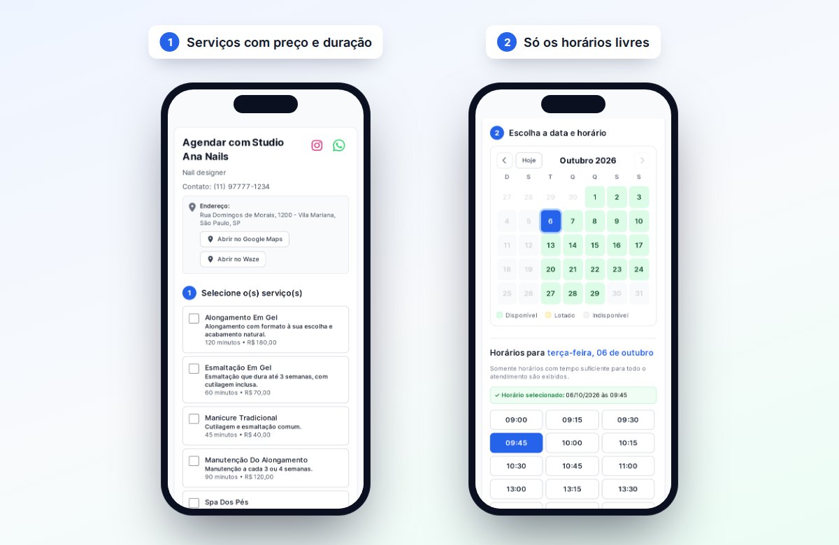 Página pública de agendamento do Callen aberta no celular, com serviços, calendário e horários livres