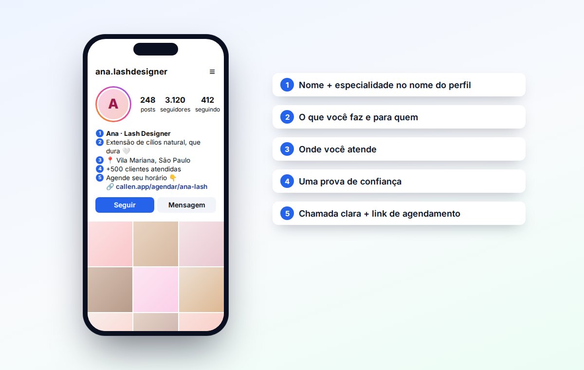 Perfil do Instagram de uma lash designer com nome, especialidade, bairro, prova de confiança e link de agendamento na bio