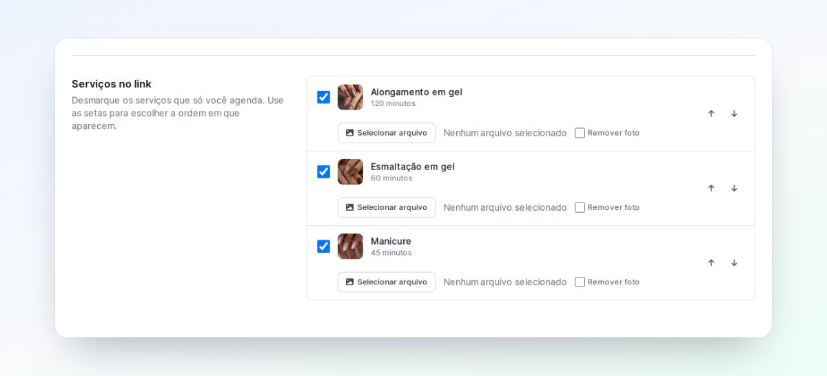 Seção Serviços no link com Alongamento em gel, Esmaltação em gel e Manicure, cada um com a sua foto e o botão Selecionar arquivo