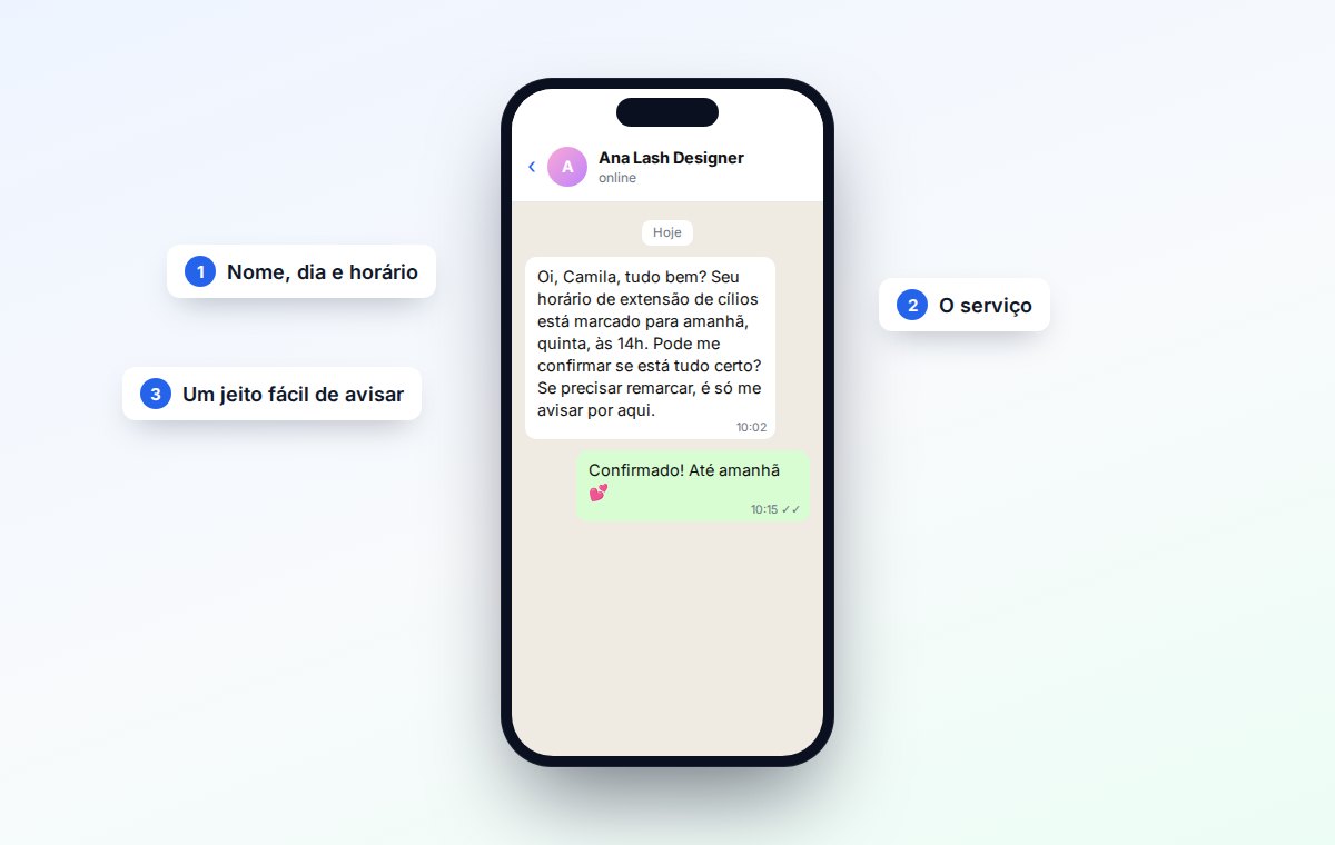Conversa no WhatsApp com uma mensagem de lembrete que tem nome, dia, horário, serviço e pede confirmação, e a cliente respondendo que confirma