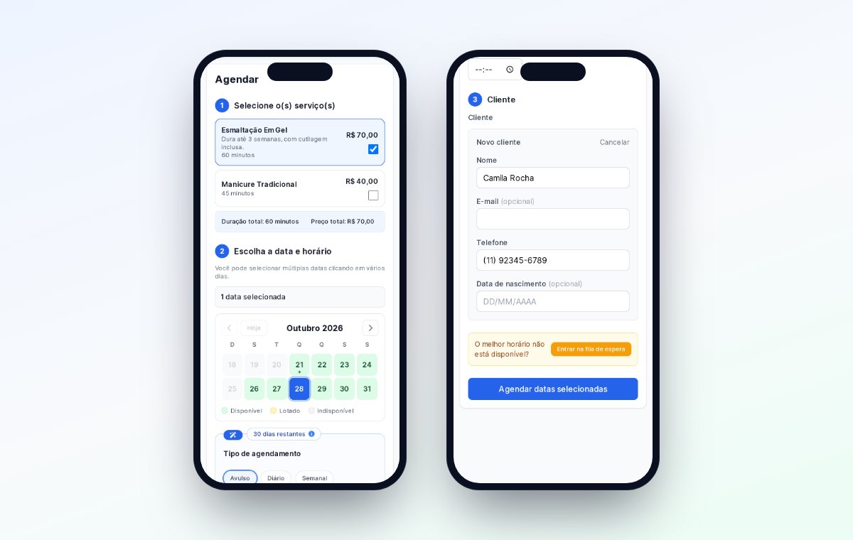 Página Agendar no celular: à esquerda, o serviço Esmaltação em gel marcado e o dia 28 escolhido no calendário; à direita, o cadastro de uma cliente nova e o botão Agendar datas selecionadas