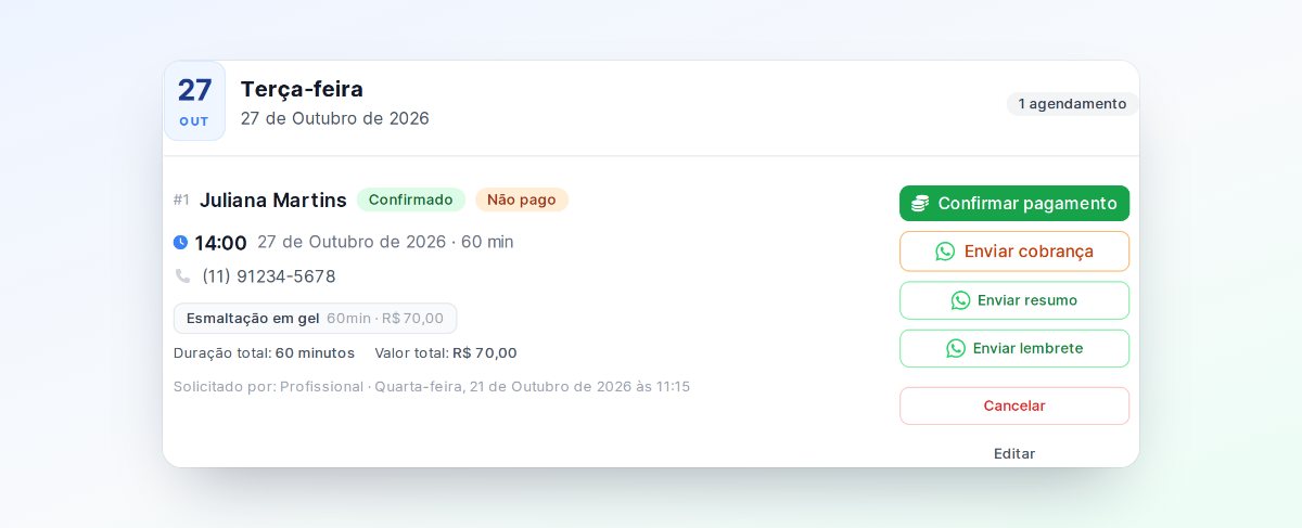 Card de um agendamento confirmado no painel do Callen, com os botões Confirmar pagamento, Enviar cobrança, Enviar resumo, Enviar lembrete, Cancelar e Editar