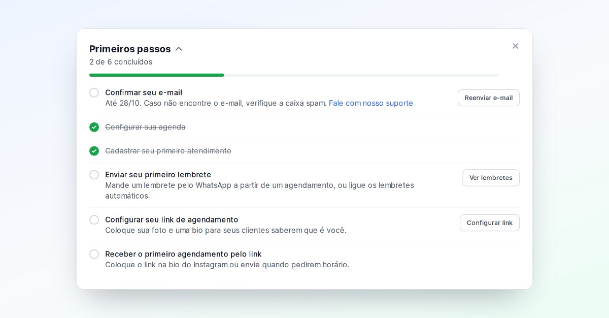 Lista Primeiros passos no painel do Callen, com 2 de 6 etapas concluídas e os botões Reenviar e-mail, Ver lembretes e Configurar link