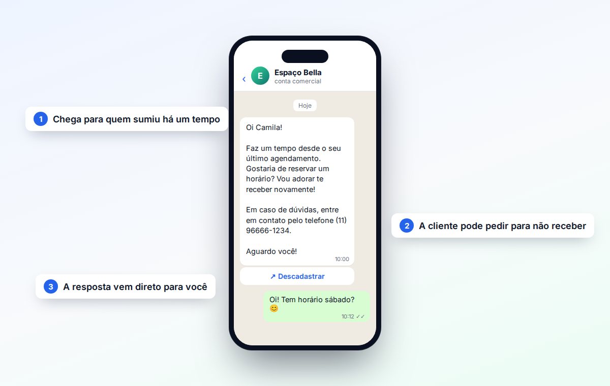 Conversa no WhatsApp em que a cliente recebe o convite para agendar de novo, com o botão Descadastrar embaixo, e responde perguntando se há horário no sábado