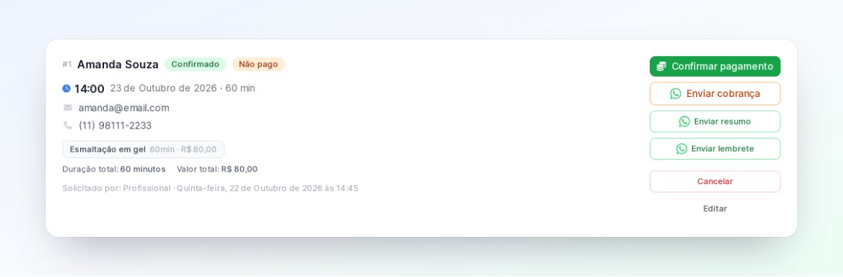 Agendamento confirmado e não pago, com os botões Confirmar pagamento, Enviar cobrança, Enviar resumo e Enviar lembrete