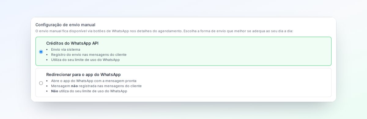 Configuração de envio manual com as opções Créditos do WhatsApp API, selecionada, e Redirecionar para o app do WhatsApp