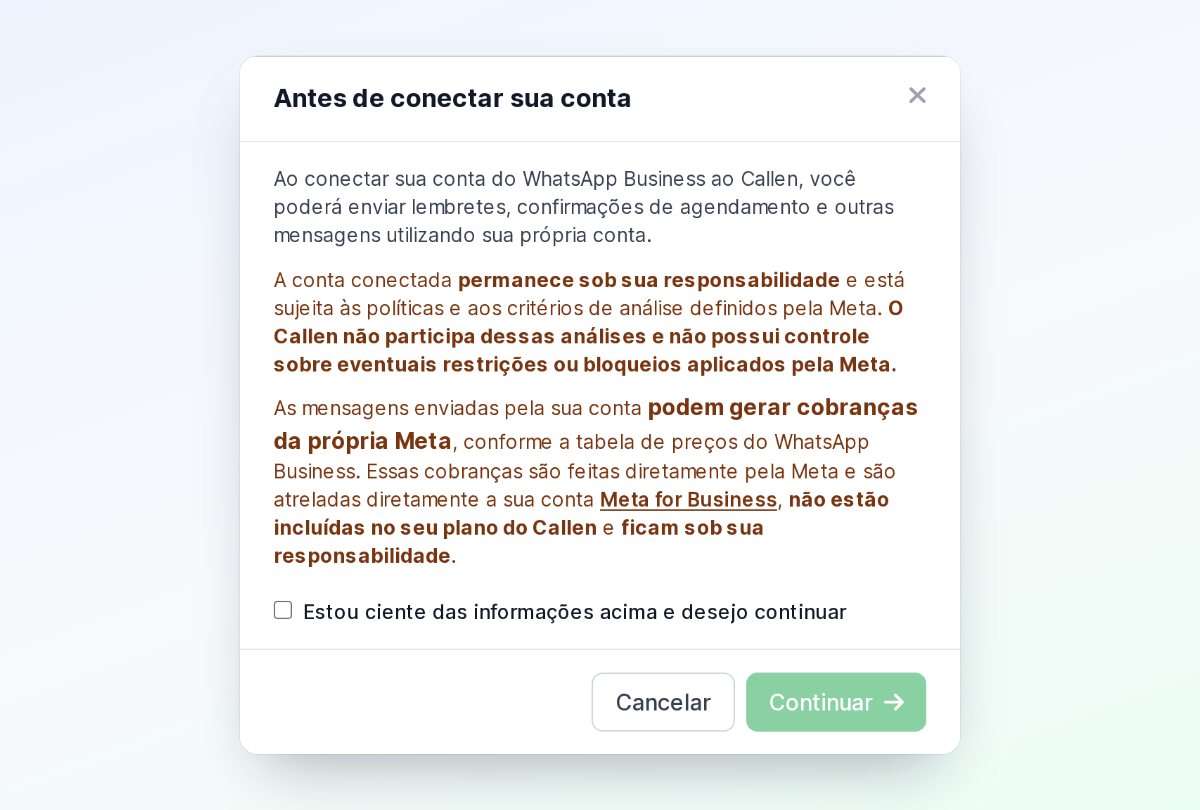 Janela Antes de conectar sua conta, com os avisos sobre a responsabilidade da conta e as cobranças da Meta e a caixa Estou ciente das informações acima e desejo continuar