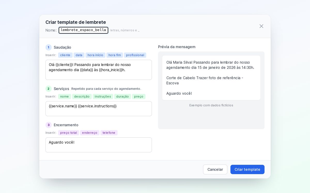 Editor Criar template de lembrete, com os campos Saudação, Serviços e Encerramento, as etiquetas para inserir dados e a prévia da mensagem ao lado