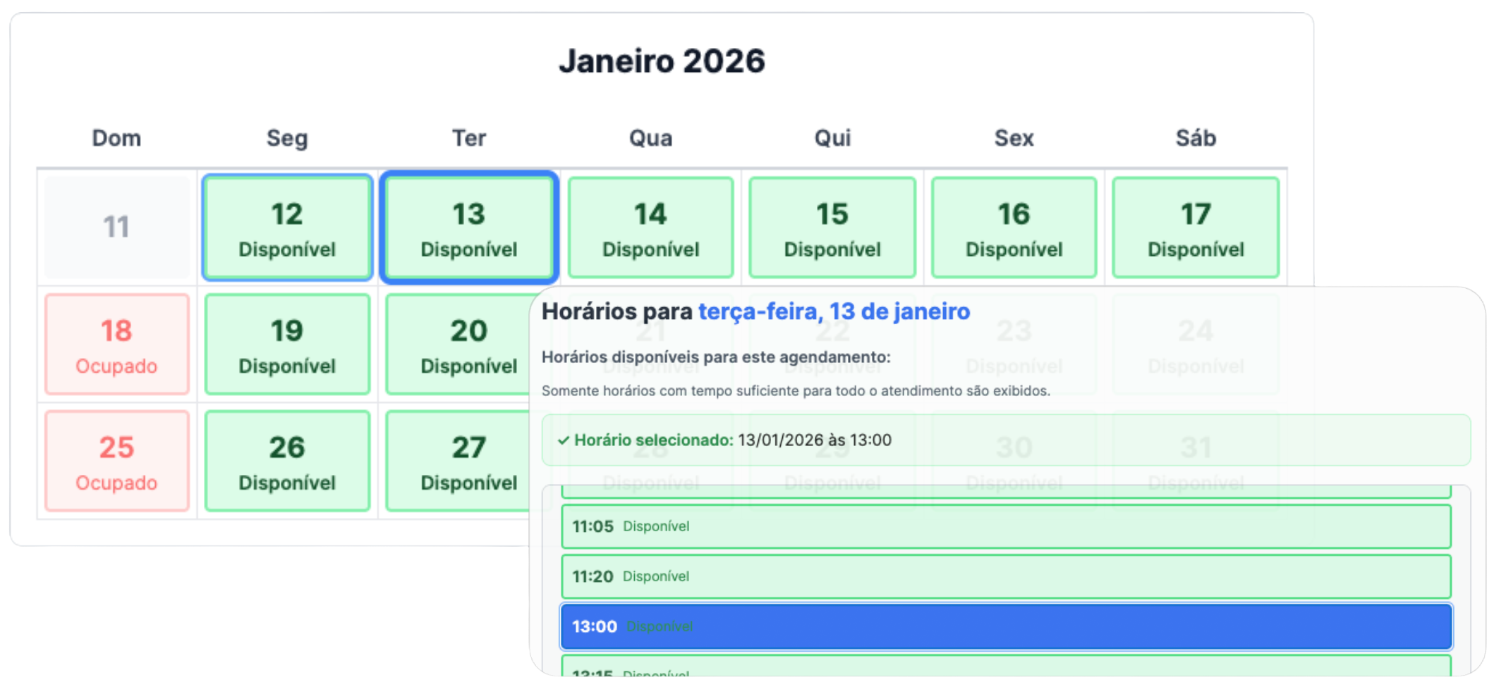 Exemplo de agenda online com horários disponíveis